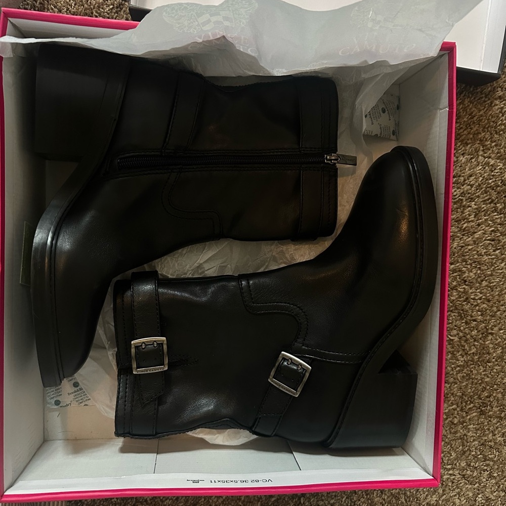 Vince Camuto Black Moto Boots with Buckle Detail